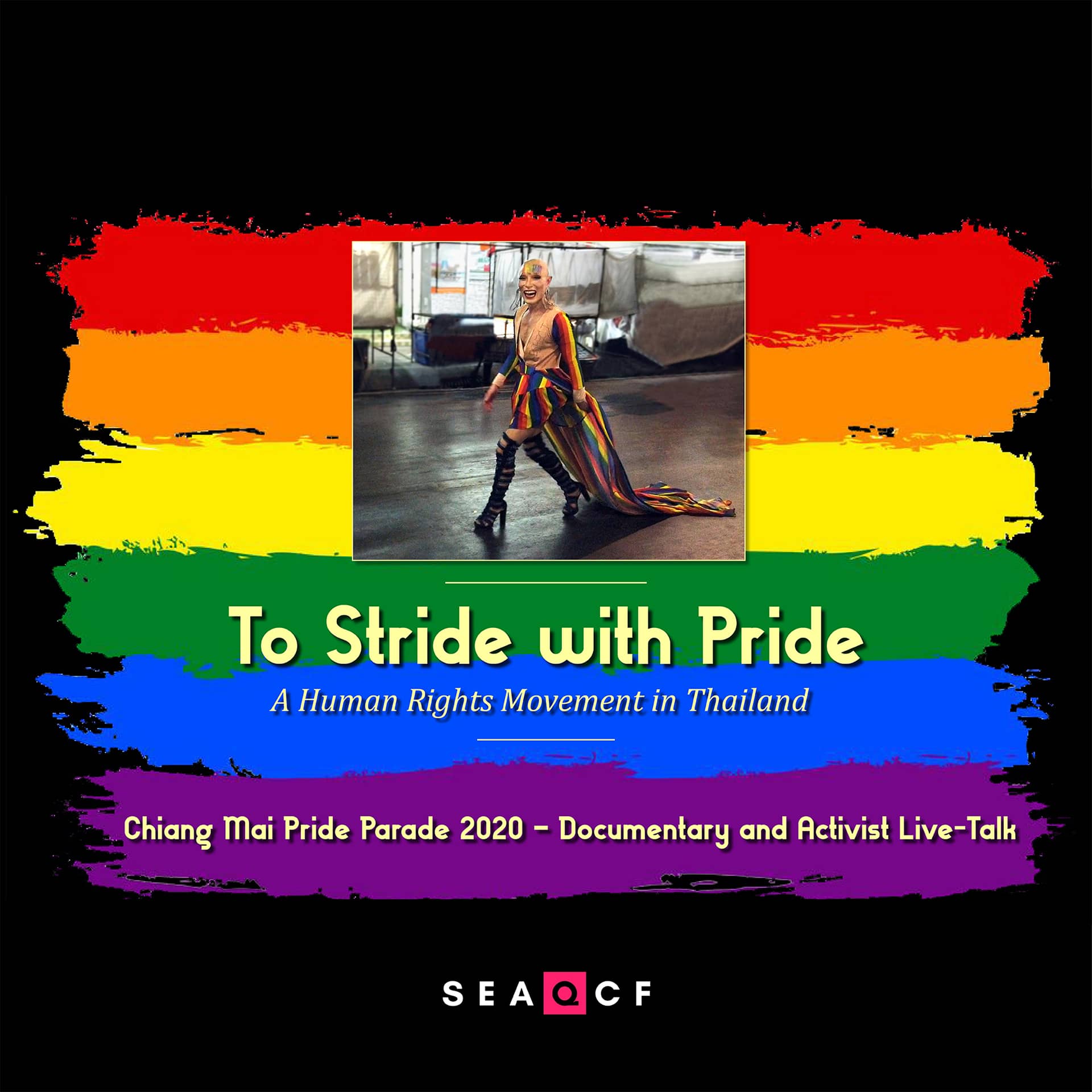To Stride with Pride Poster, image of a person walking proudly on the street, with a rainbow flag as background
