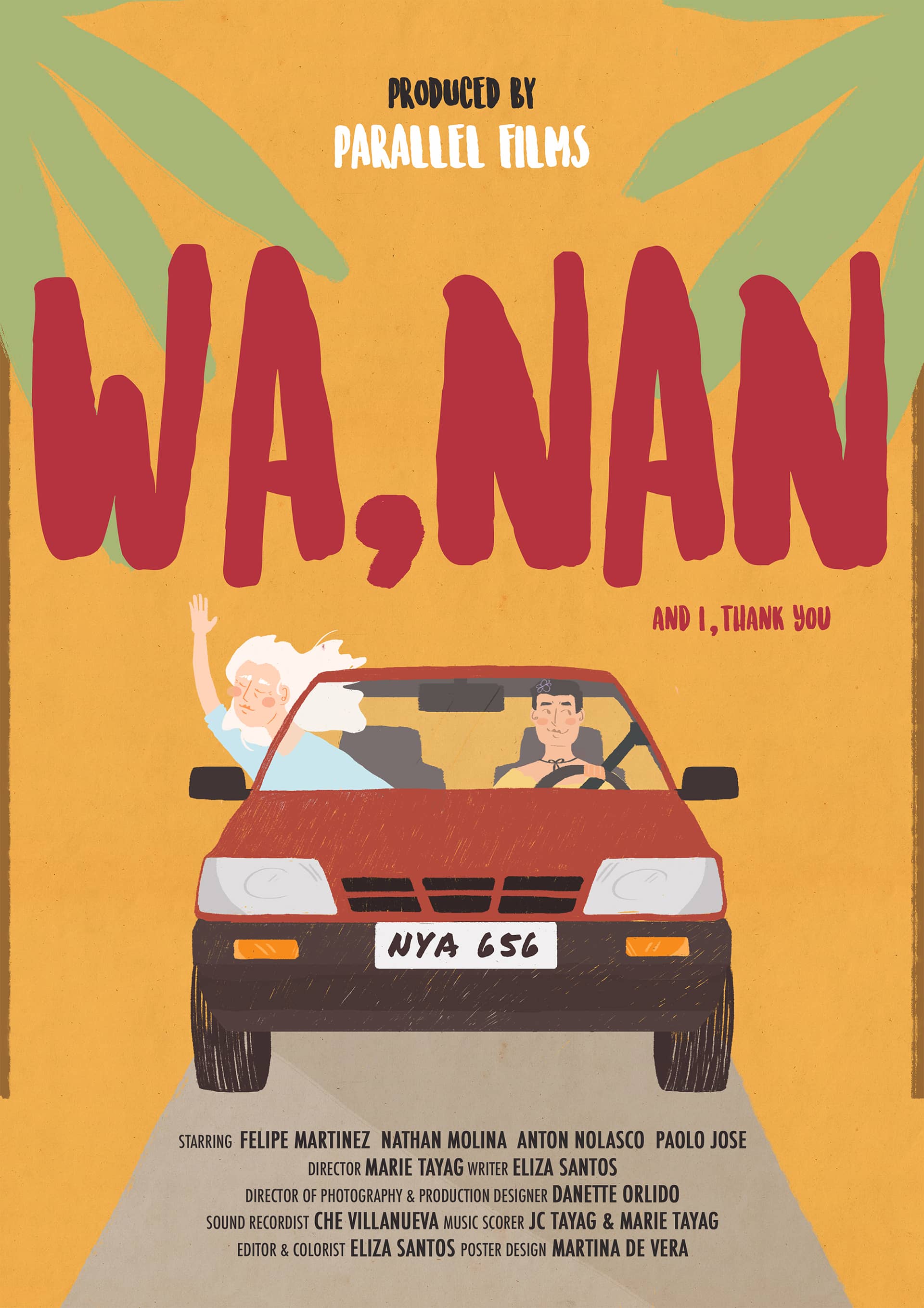 Wa, Nan Poster, red car with two people in the front seats, one of whom is waiving