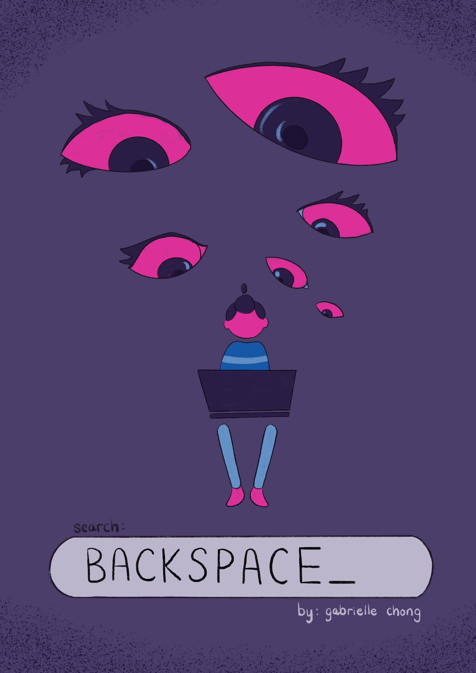 Backspace poster, illustration of a person with a laptop, multiple eyes looking on