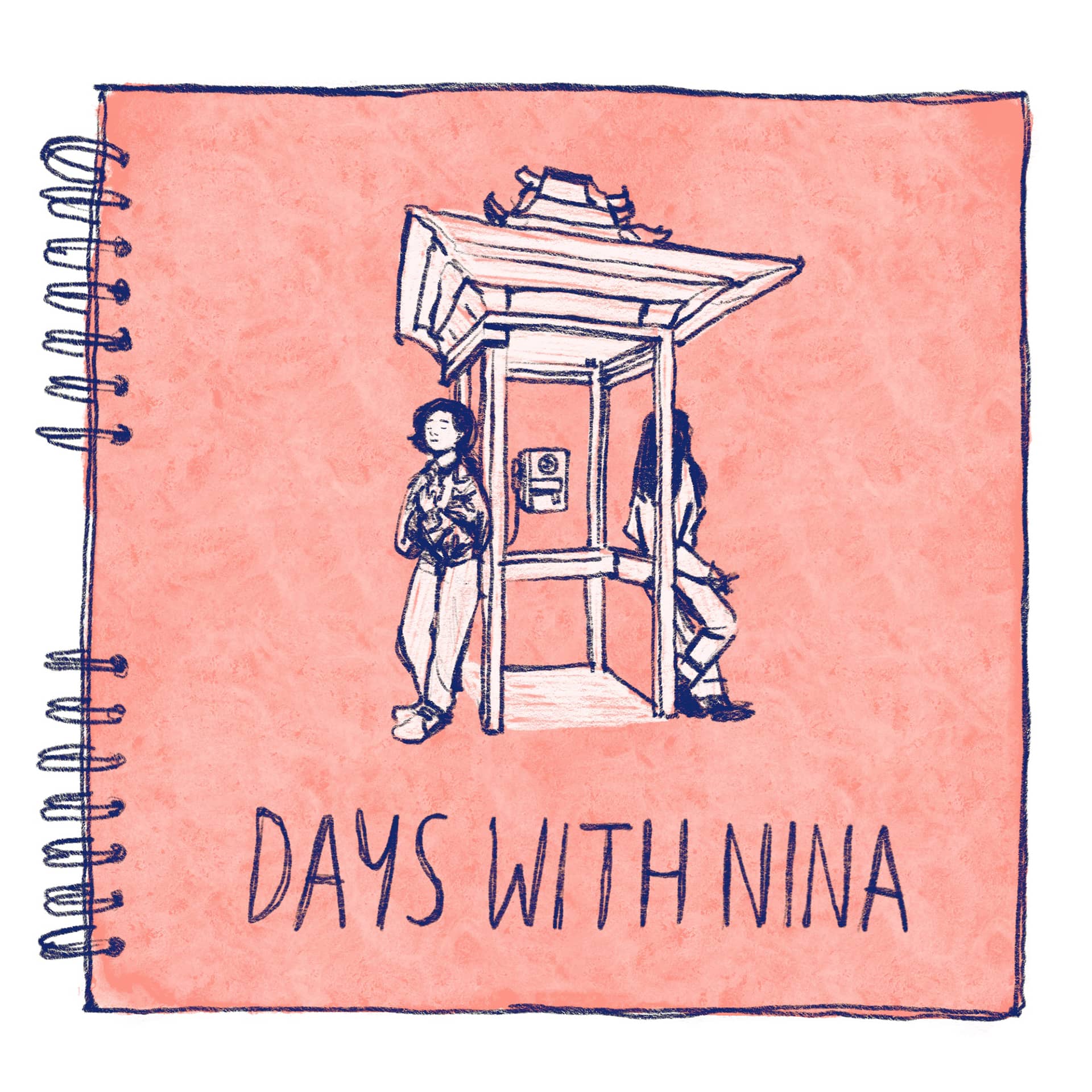 Days with Nina Poster, illustration of two people standing outside a phone booth