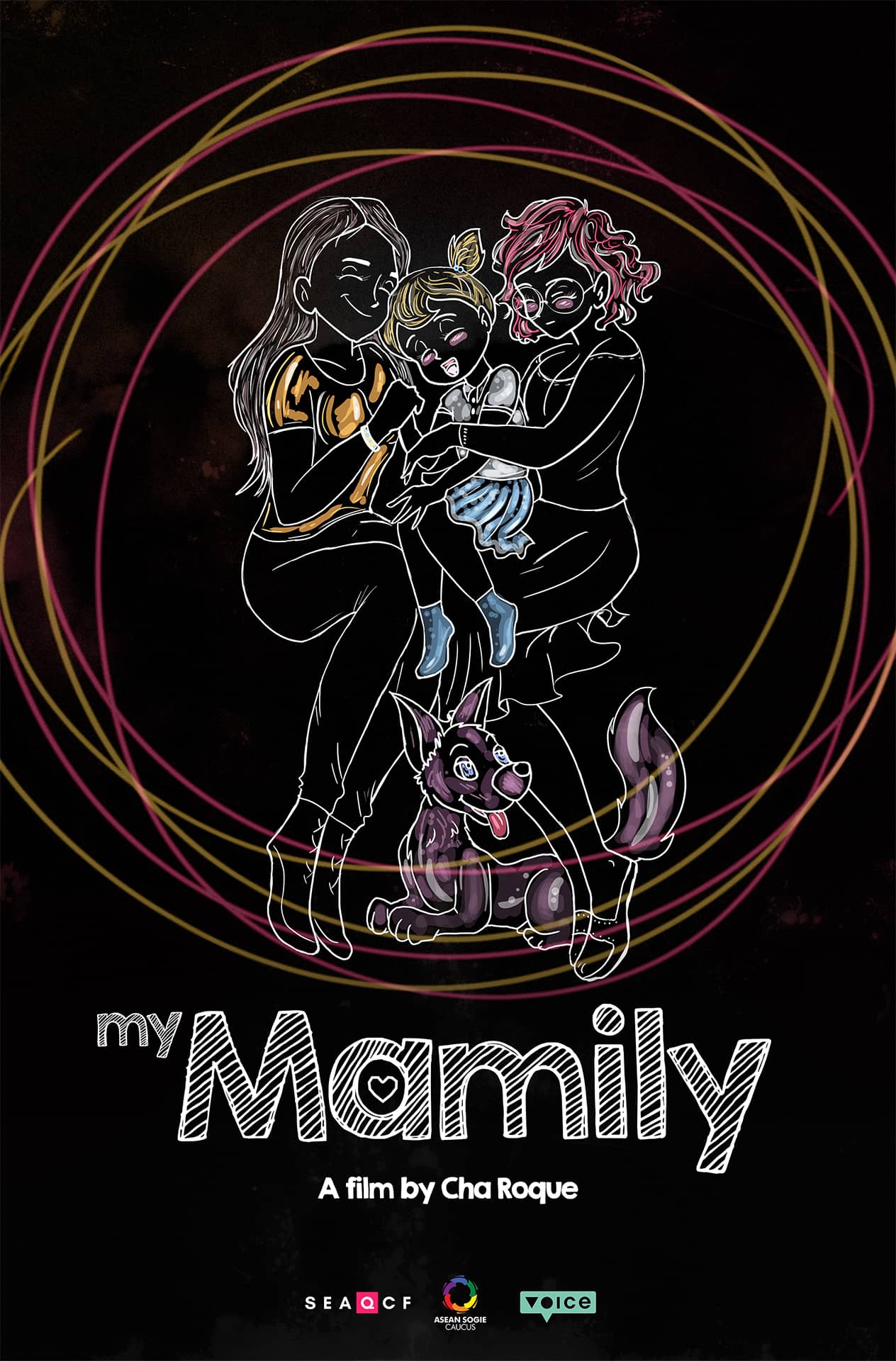 My Mamily Poster, illustration of two mothers hugging a child