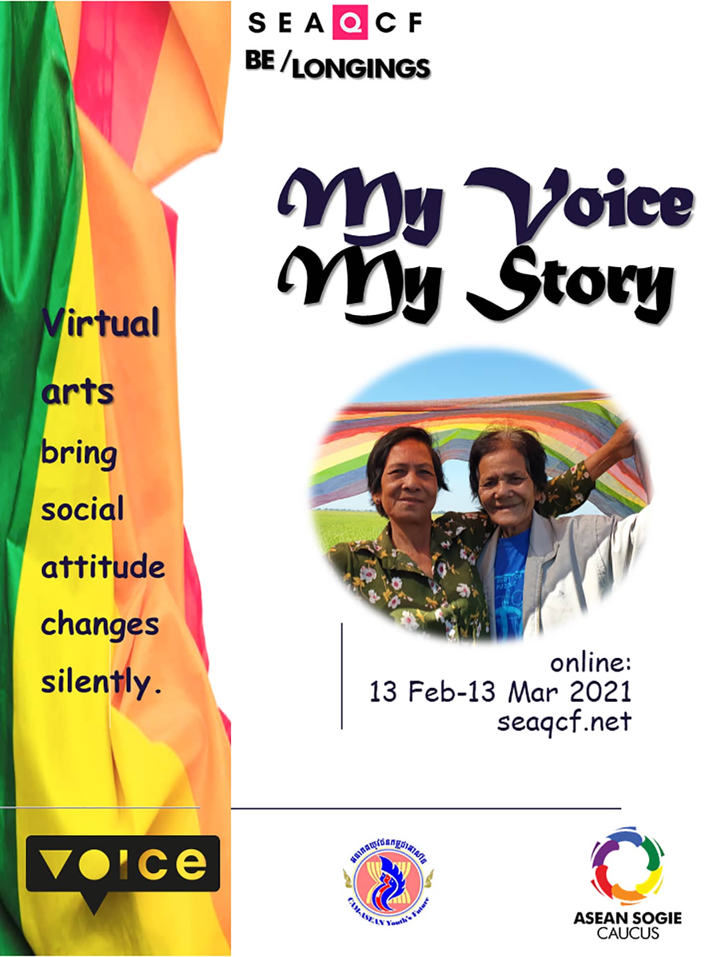 My Voice My Story Poster, elderly queer couple holding up a rainbow flag