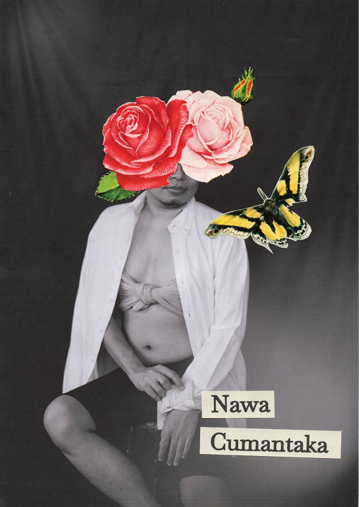Nawa Cumantaka Poster, monochromatic image of a person sitting on a chair, with two bright pink flowers covering the face