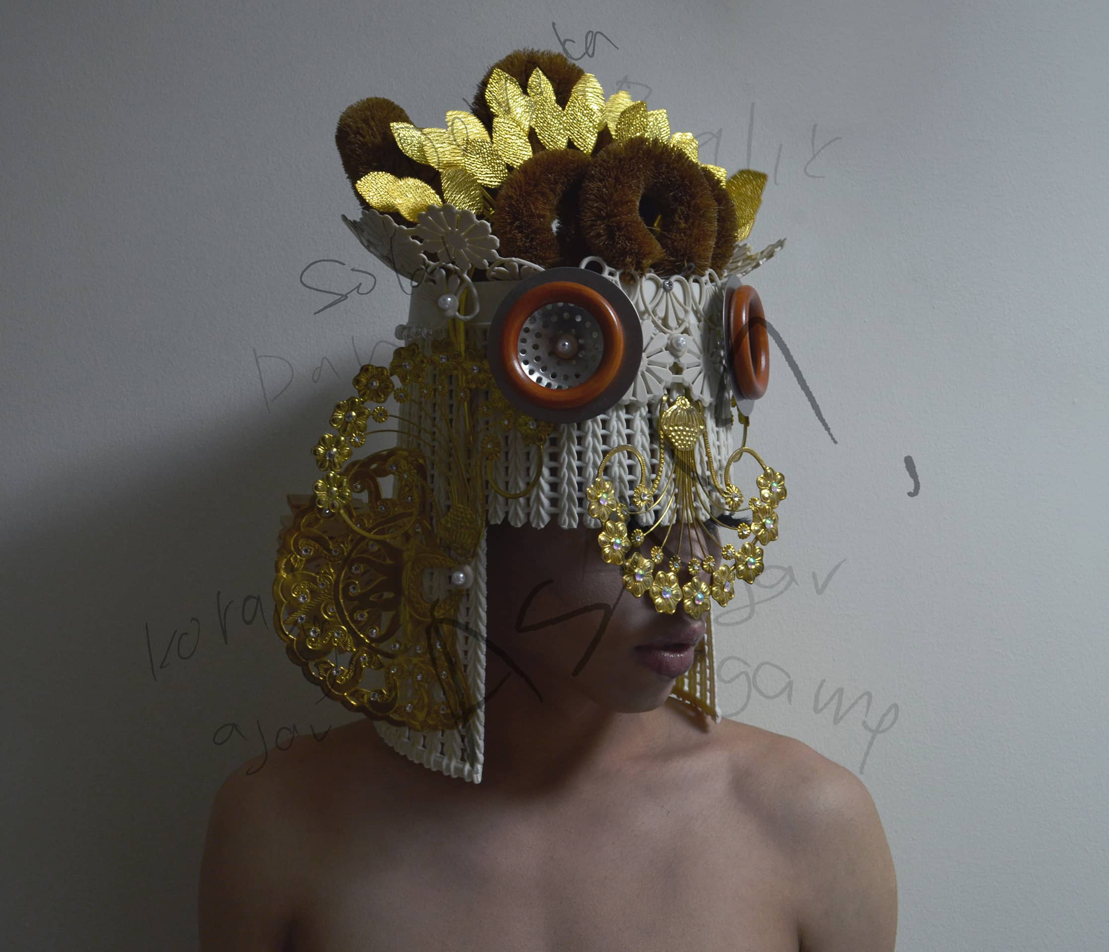 Twinkling Fortress Poster, a person wearing a head dress made of random household objects
